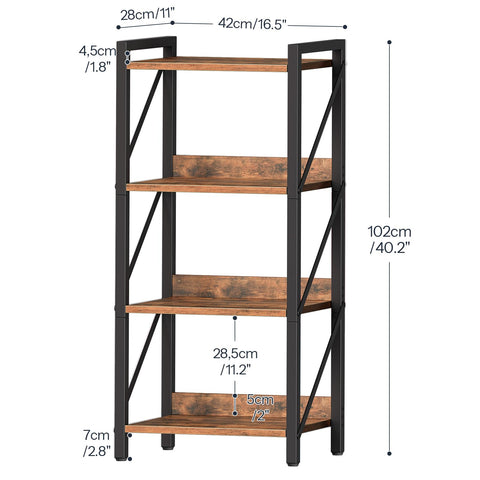 HOOBRO 4-Tier Bookshelf, Industrial Corner Bookcase, Display Rack, Metal Frame, for Living Room, Bedroom, Office, Kitchen, Entryway