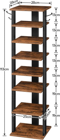 HOOBRO Shoe Rack Wooden, Tall Shoe Rack, Narrow Shoe Storage Organizer with 2 Hooks, Slim Narrow Shelf, Vertical Tower for Entrance, Living Room
