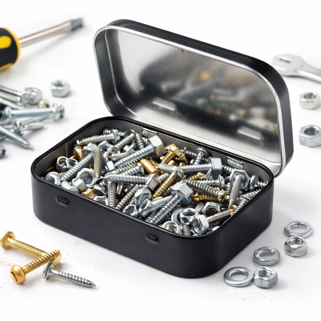 Black Rectangular Metal Storage Tin with Hinged Lid 9.5 x 6 x 2 cm, Small Iron Box for Screws, Coins, Keys, Razor Blades, Sweets & Hardware