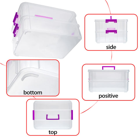IGNPION 2-Tier Stackable Craft Storage Box Plastic Adjustable Storage Containers with Carry Handle Transparent Containers Organiser for Art & Craft