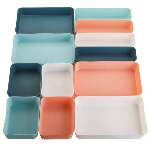 Suwimut 12 Pieces Plastic Drawer Organizer Set, 3 Size Desk Drawer Organizer Divider Trays for Makeup, Jewelry, Utensils, Gadgets