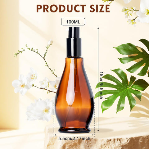 2Pcs 100ml/3.4oz Amber Glass Lotion Pump Bottles Travel Size Pump Dispenser Cosmetics Containers Bottle Jar with Black Pump for Essential Oil