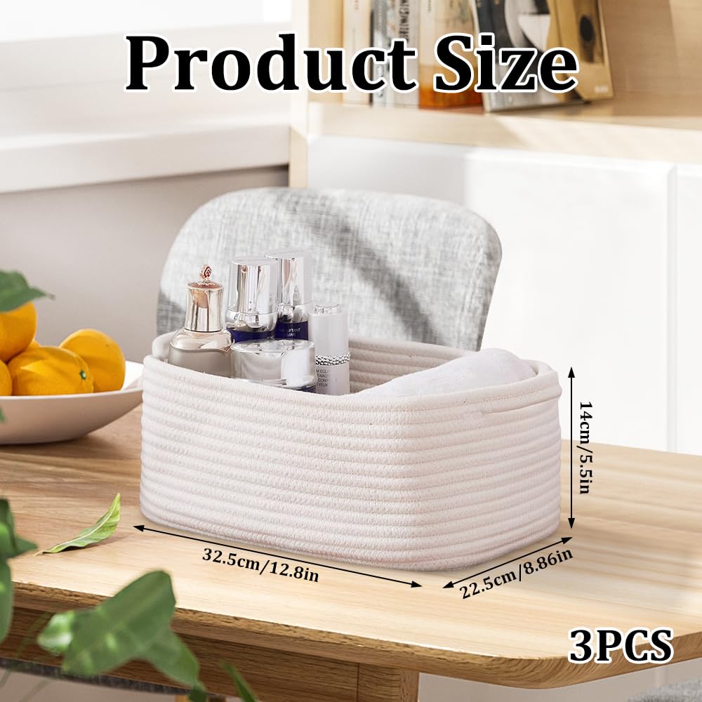 Jonuin Cotton Rope Storage Baskets, 3 Pack 32x22x14cm Storage Baskets for Shelves, Small Woven Storage Baskets for Organizing Towels