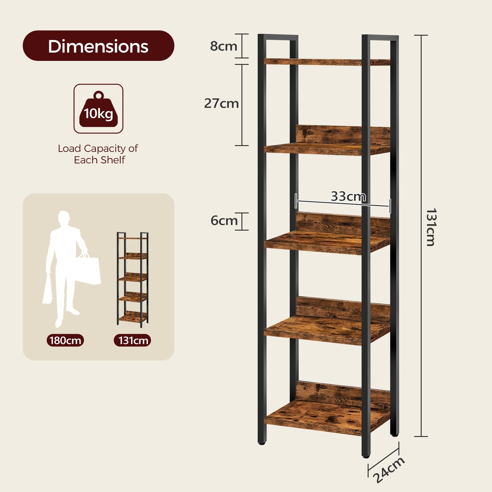 MAHANCRIS Bookshelf, 5-Tier Bookcase, Standing Book Shelf for Small Space, Storage Shelf Organizer, for Living Room, Bedroom, Study, Balcony