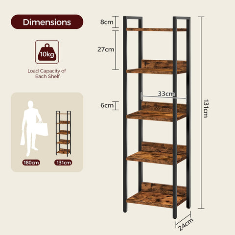 MAHANCRIS Bookshelf, 5-Tier Bookcase, Standing Book Shelf for Small Space, Storage Shelf Organizer, for Living Room, Bedroom, Study, Balcony