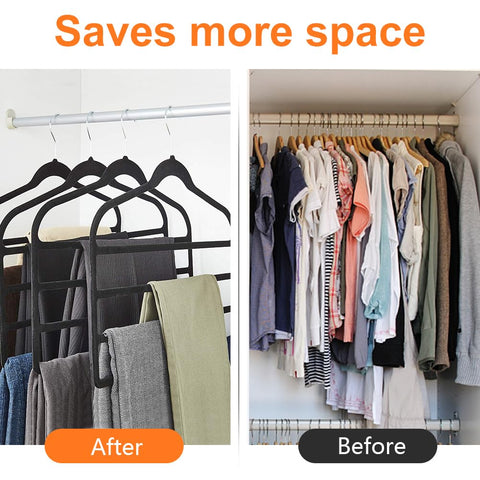 6 Pack Velvet Trouser Hangers, Space Saving Hangers for Clothes, Non-Slip Pants Hanger Jeans Hangers Multi Bar Clothes Hanger Closet Organizers