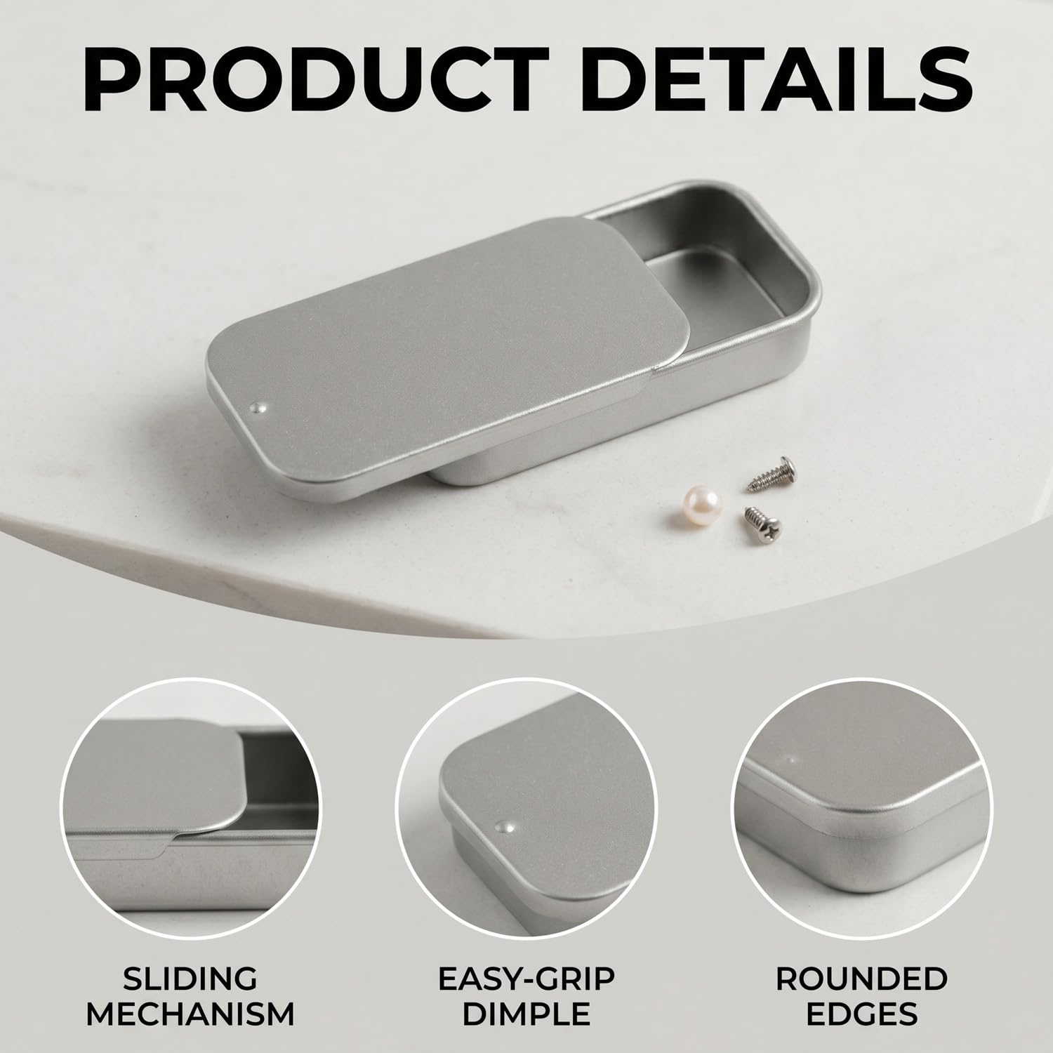 Lotsdonxia 6 Pcs Rectangular Tins, Slider Lid Metal Boxes, 50x25x10mm Portable Storage Containers, Silver Alloy Steel, Airtight Craft Organisers