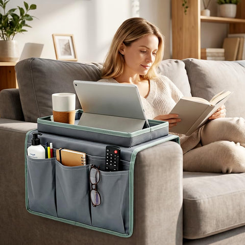 HATFRYF Sofa Arm Chair Tray Organisers Waterproof Non-Slip, Arm Chair Caddy, with 6 Bags, for Magazine, Phone, TV Remote, Drinks, Book, Snacks