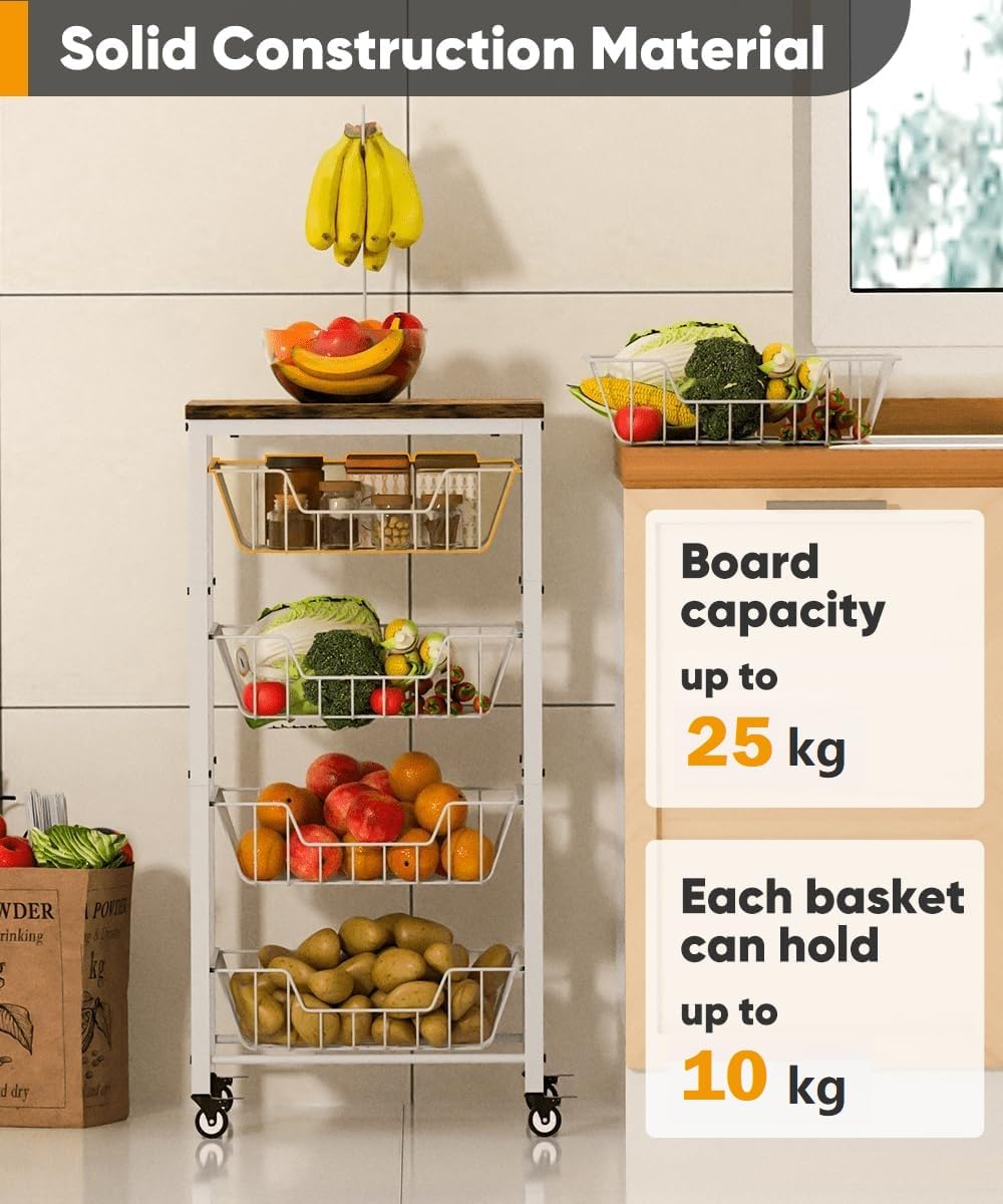 Garbuildman 5-Tier Kitchen Storage Cart with Pull-Out Wire Baskets - Fruit & Vegetable Organiser with Wooden Top & Banana Holder for Pantry