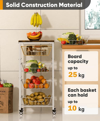 Garbuildman 5-Tier Kitchen Storage Cart with Pull-Out Wire Baskets - Fruit & Vegetable Organiser with Wooden Top & Banana Holder for Pantry
