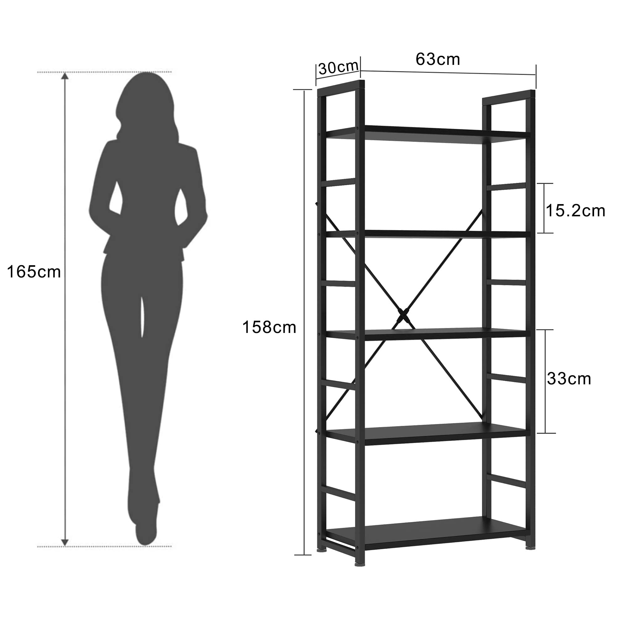 VERMESS Industrial Bookshelf, 5 Tier Wood Bookshelf with Open Shelves, Rustic Standing Bookshelves, Metal Frame, Display Shelf for Living Room