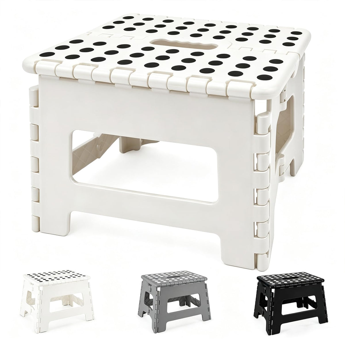 MASS DYNAMIC 9 Inch Folding Step Stool, Portable Plastic Footstool with Carry Handle, Non-Slip Top, Compact Collapsible Seat for Kitchen, Bathroom