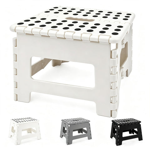 MASS DYNAMIC 9 Inch Folding Step Stool, Portable Plastic Footstool with Carry Handle, Non-Slip Top, Compact Collapsible Seat for Kitchen, Bathroom