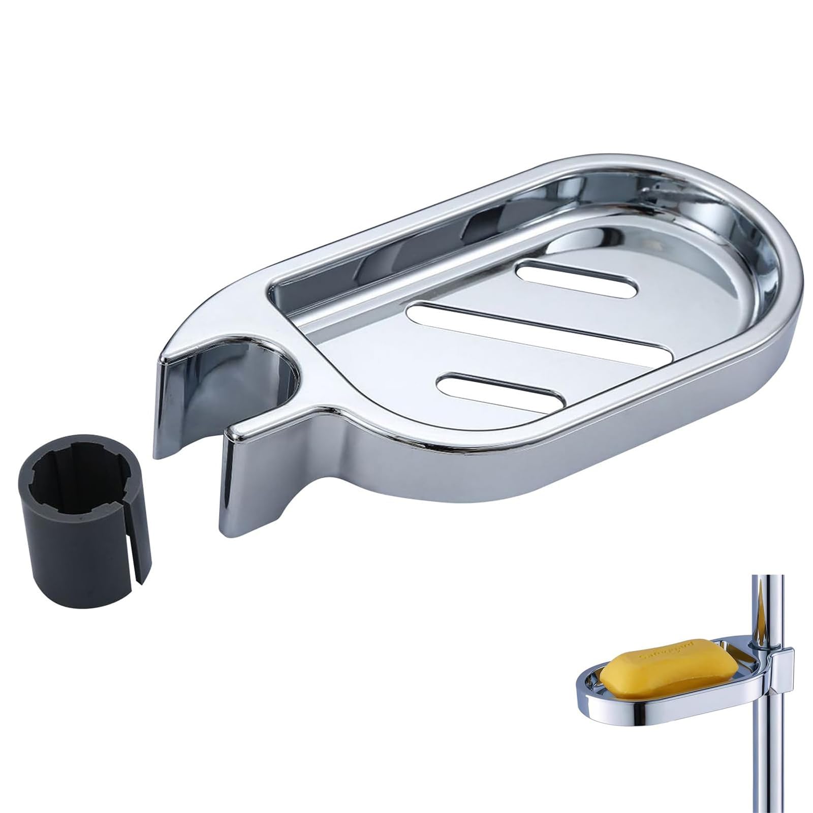 360° Swivel Clip-On Soap Dish, Non-Slip Tray for 24mm Shower Poles, Silver