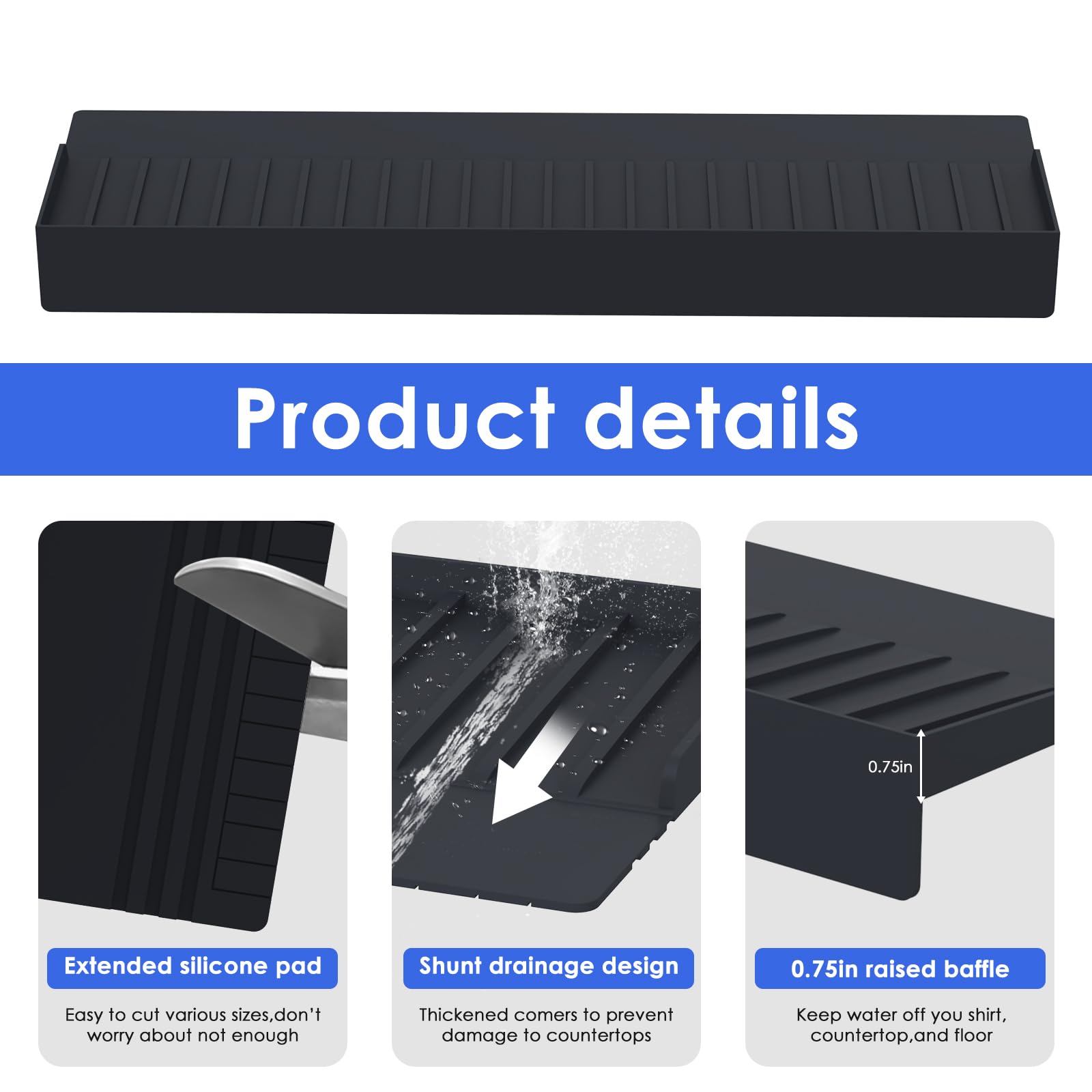 Adorila Silicone Edge Protector Splash Guards, 6" x 20" Bathtub & Kitchen Sink Edge Guard (Black)