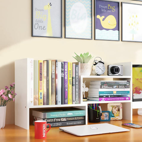 Dyserbuy Desk Shelf, Adjustable Desktop Bookshelf, Small Book Shelf, Desk Book Storage, Wooden Desktop Organiser for Office, Home, Study, White