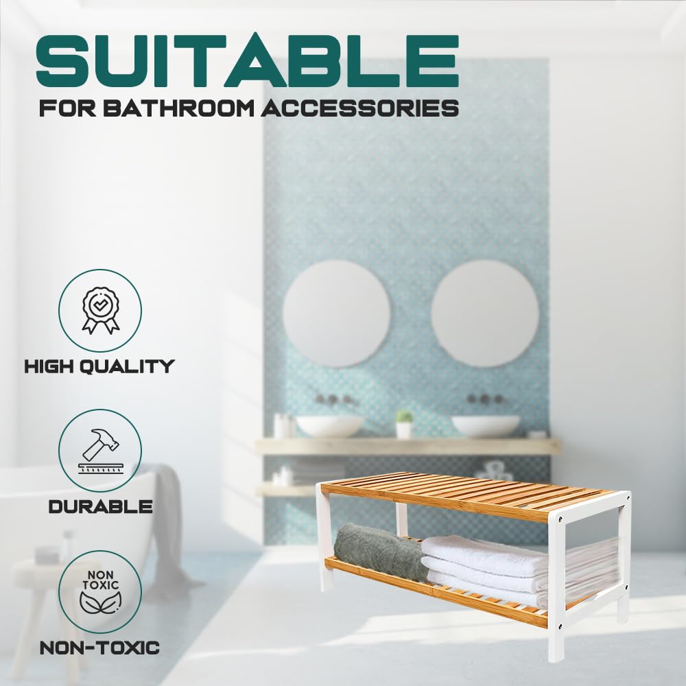 1ABOVE Bamboo Shoe Rack, Plant Rack, Perfect for Corridor, Living Room, Bathroom, Bedroom, Hallway or Small spaces-Parent. (White & Natural, 2 Tier)