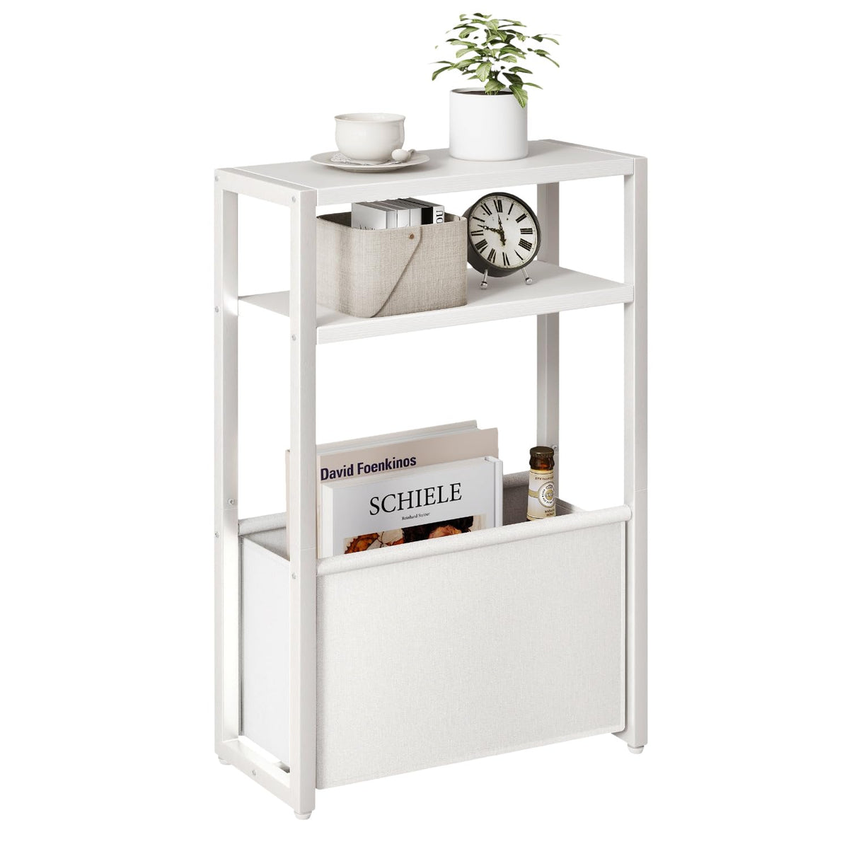 IBUYKE Narrow Side Table,Slim End Table with Fabric Basket,White TMZ009W
