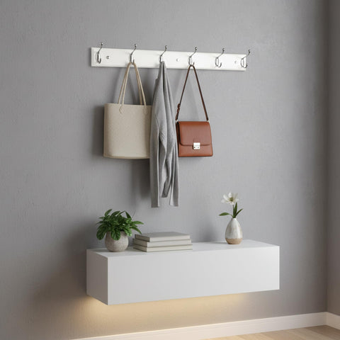 lomejii Long Wooden wall Mounted Coat Rack Wood White 6 Hooks, 70 cm, Sturdy Silver Coat Hook Rack for Clothes, Hats, Bags