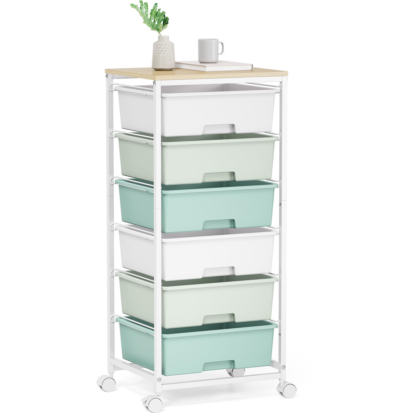 Rolling Storage Cart with 6 Drawers and Wooden Tabletop, Lockable Wheels Utility Cart for Art Studios, Office Supplies & Craft Room Organization