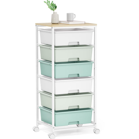 Rolling Storage Cart with 6 Drawers and Wooden Tabletop, Lockable Wheels Utility Cart for Art Studios, Office Supplies & Craft Room Organization