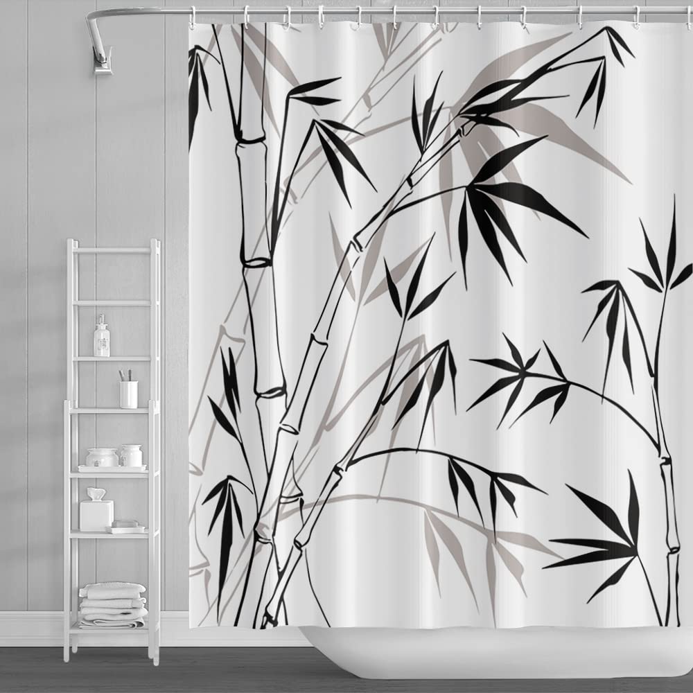 SDOTPMT 122x183cm Bamboo Silhouette Shower Curtain Bamboo Leaves Sketch White Bath Curtain Classic Ink Painting Bathtub Curtain for Kids Bathroom
