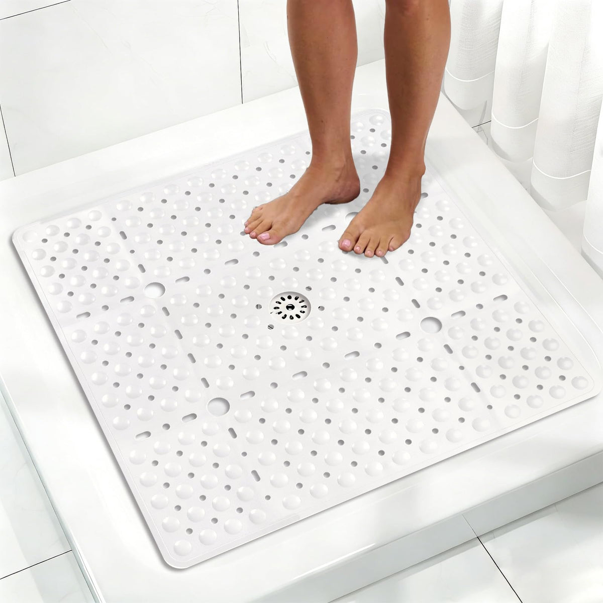 Square Shower Mat Non Slip: 70 X 70 cm Large Shower Mats for Inside Shower - Soft TPE Shower Mat Anti Slip Anti Mould with Drain Hole in Middle