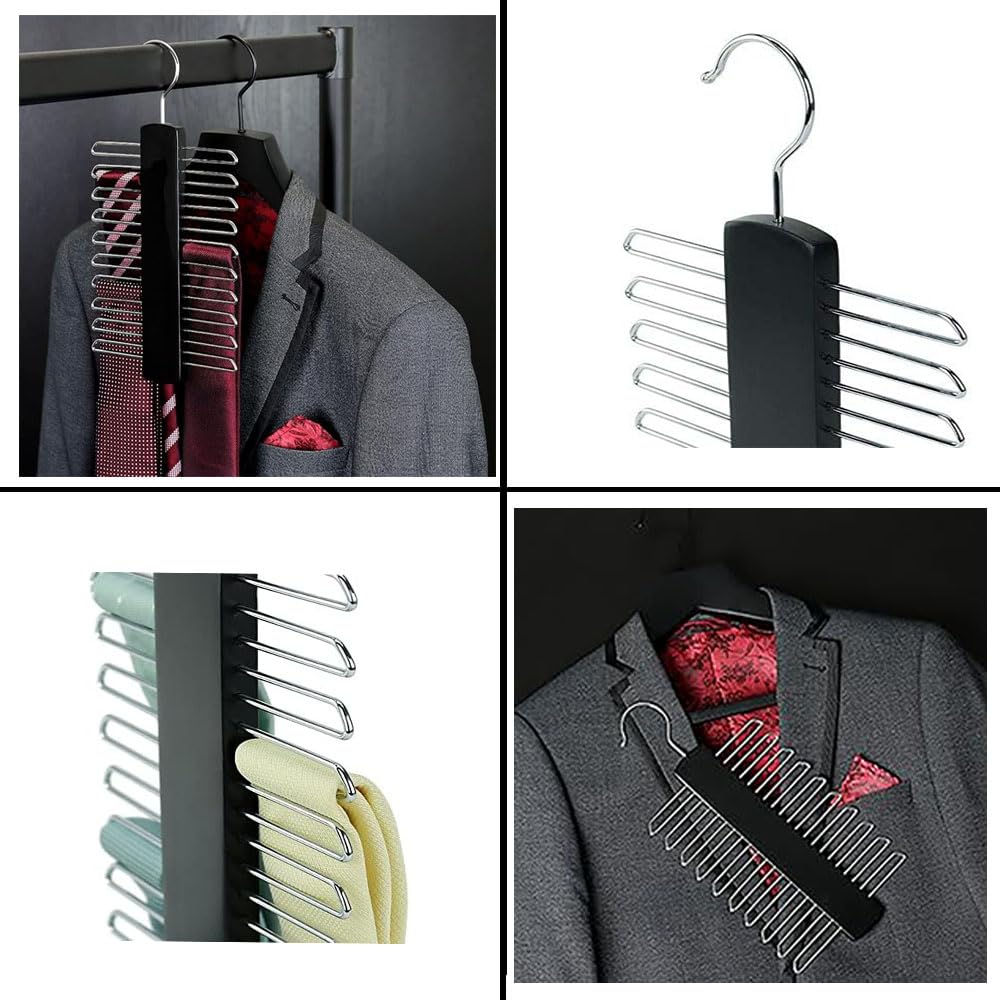 Kaizuca 2 Piece Wooden Tie Hanger, Swivel Tie Racks, Tie Belt Rack, with 20 Metal Partitions and 360 Degree Rotating Clothes Hook, for Hanging Belts