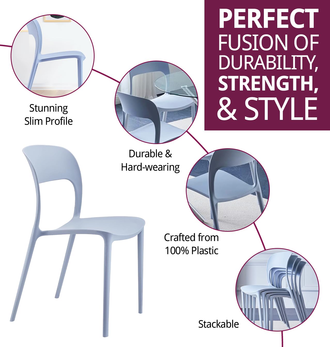 Hallowood Furniture Stoker Stackable Plastic Dining Chairs Set of 4, Grey