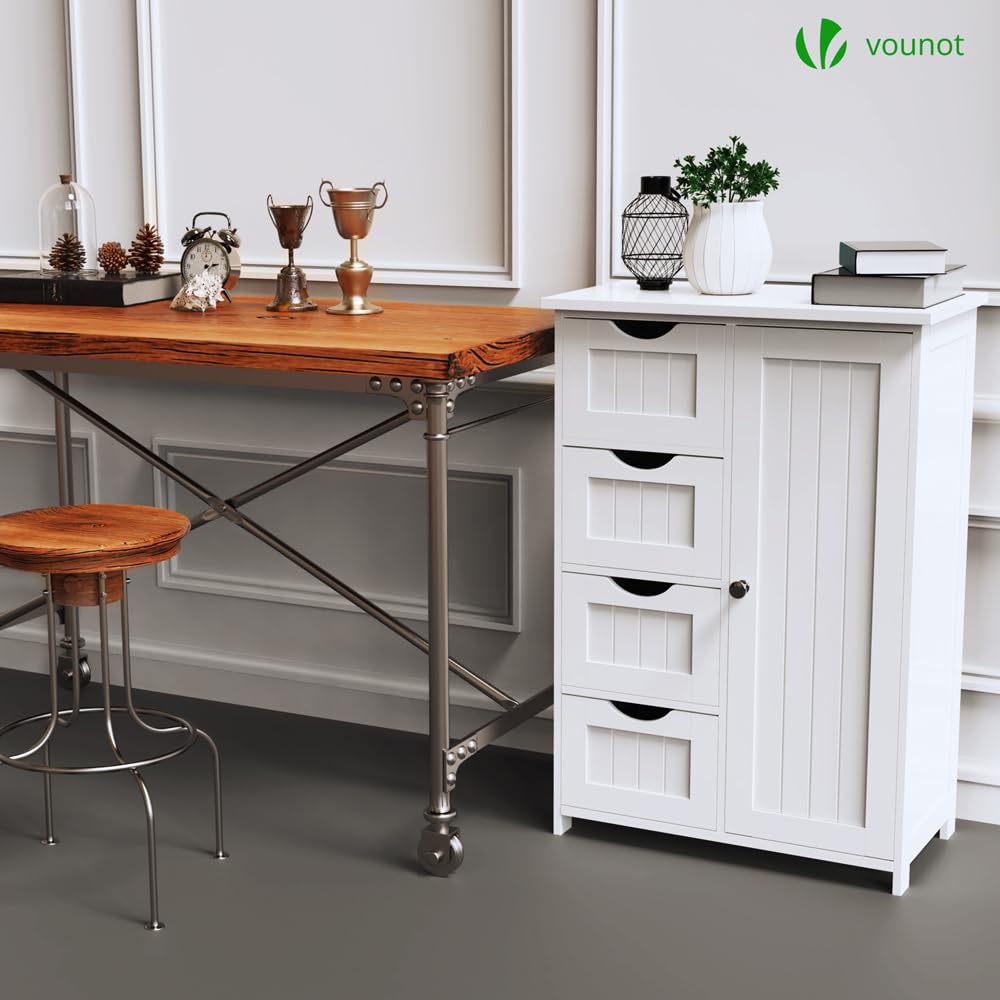 VOUNOT® Bathroom Floor Storage Cabinet, Freestanding Storage Unit with Adjustable Shelf, 4 Drawers & Door, for Bedroom, Kitchen, Living Room