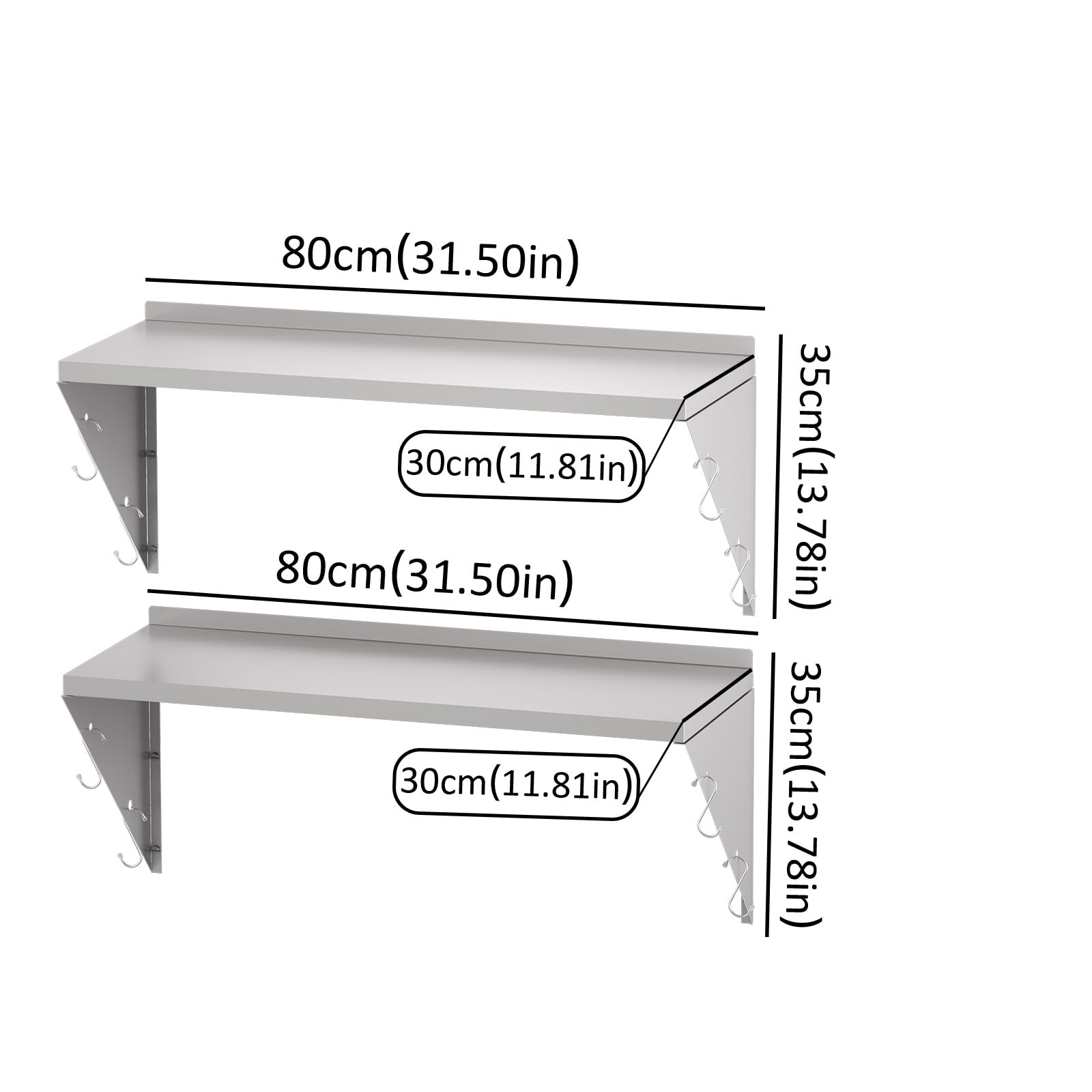 Stainless Steel Shelf Commercial Kitchen Wall Shelves (80x30cm, 2PCS)