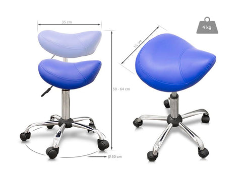 QUIRUMED Ergonomic Pony Stool with Steel Base, Black, Upholstered in Leatherette, Adjustable Height, Padded Seat, Swivel Wheels, Up to 150 kg