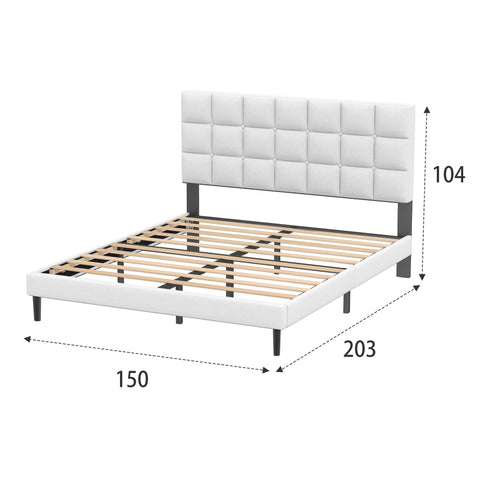 Yocreat King Bed Frame, Easy Assembly, Sturdy Wooden Slat Support, Upholstered Platform with Headboard, No Box Spring Needed, White King Bed 150×200