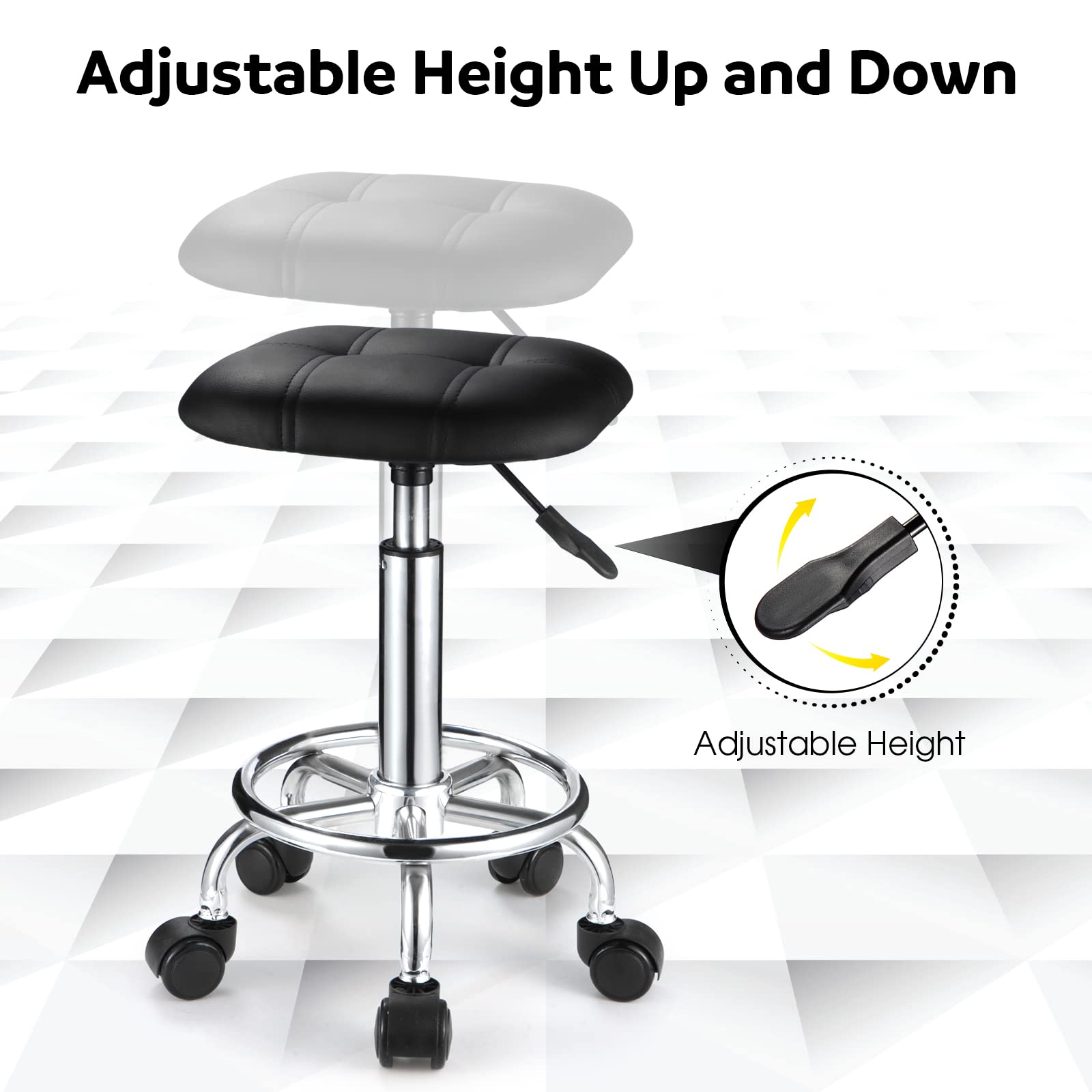 FNZIR Square PU Cushion Rolling Stool with Wheels Height Adjustable Swivel Stools Chair Black