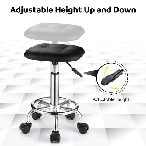 FNZIR Square PU Cushion Rolling Stool with Wheels Height Adjustable Swivel Stools Chair Black