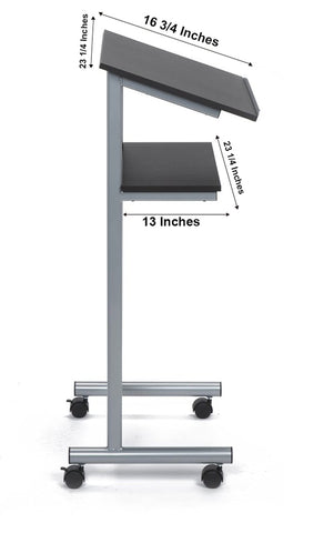 Audio-Visual Direct Wheeled Lectern with Storage Shelf - Silver/Black - Compact Standing Desk for Reading - LapTop Stand