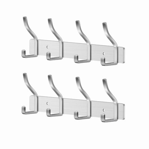 MEIJO Coat Hooks Wall Mounted Stainless Steel, Silver Coat Rack Wall Mounted with 4 Hooks Heavy Duty Coat Hooks for Door, Bathroom, Bedroom, Kitchen
