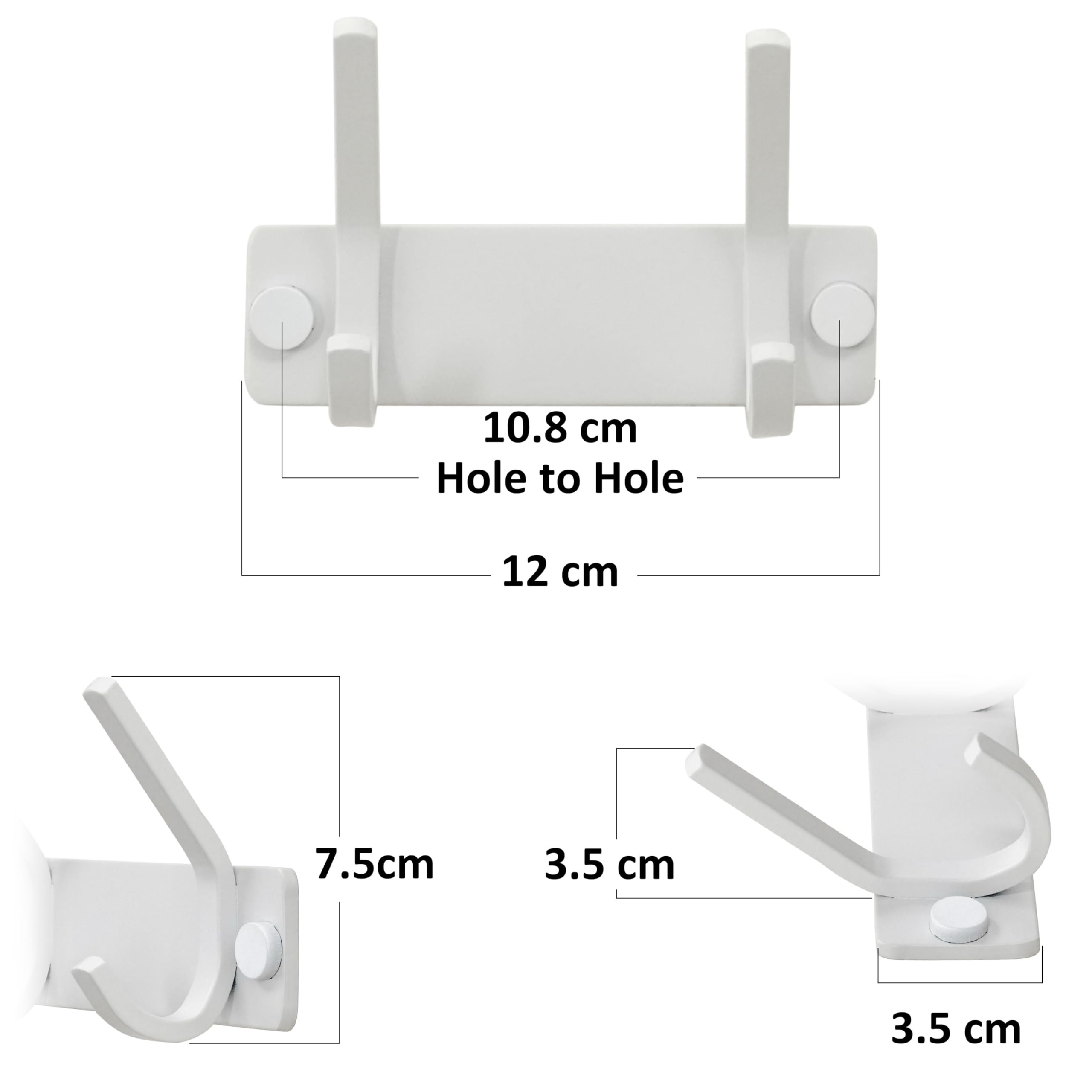HONSKY Wall Coat Rack, 12cm Towel Rack, Painted Metal Wall Coat Hanger with 2 Double Hooks (4 Single Hooks),for Hanging Coat, Hat, Bag, Towel