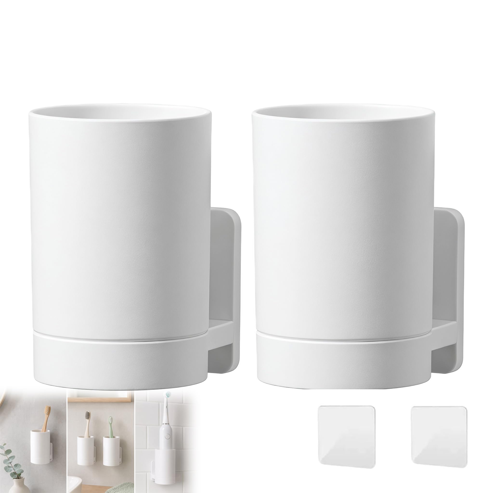 2 Pcs Wall Mounted Toothbrush Holder, Self Adhesive Tooth Brushing Holder Multifunction Tooth Mug Toothpaste Accessories Sets No Drilling for Home