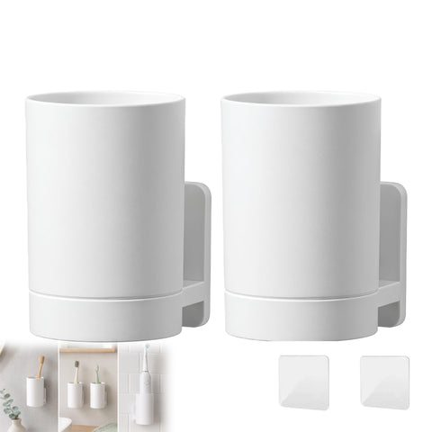 2 Pcs Wall Mounted Toothbrush Holder, Self Adhesive Tooth Brushing Holder Multifunction Tooth Mug Toothpaste Accessories Sets No Drilling for Home