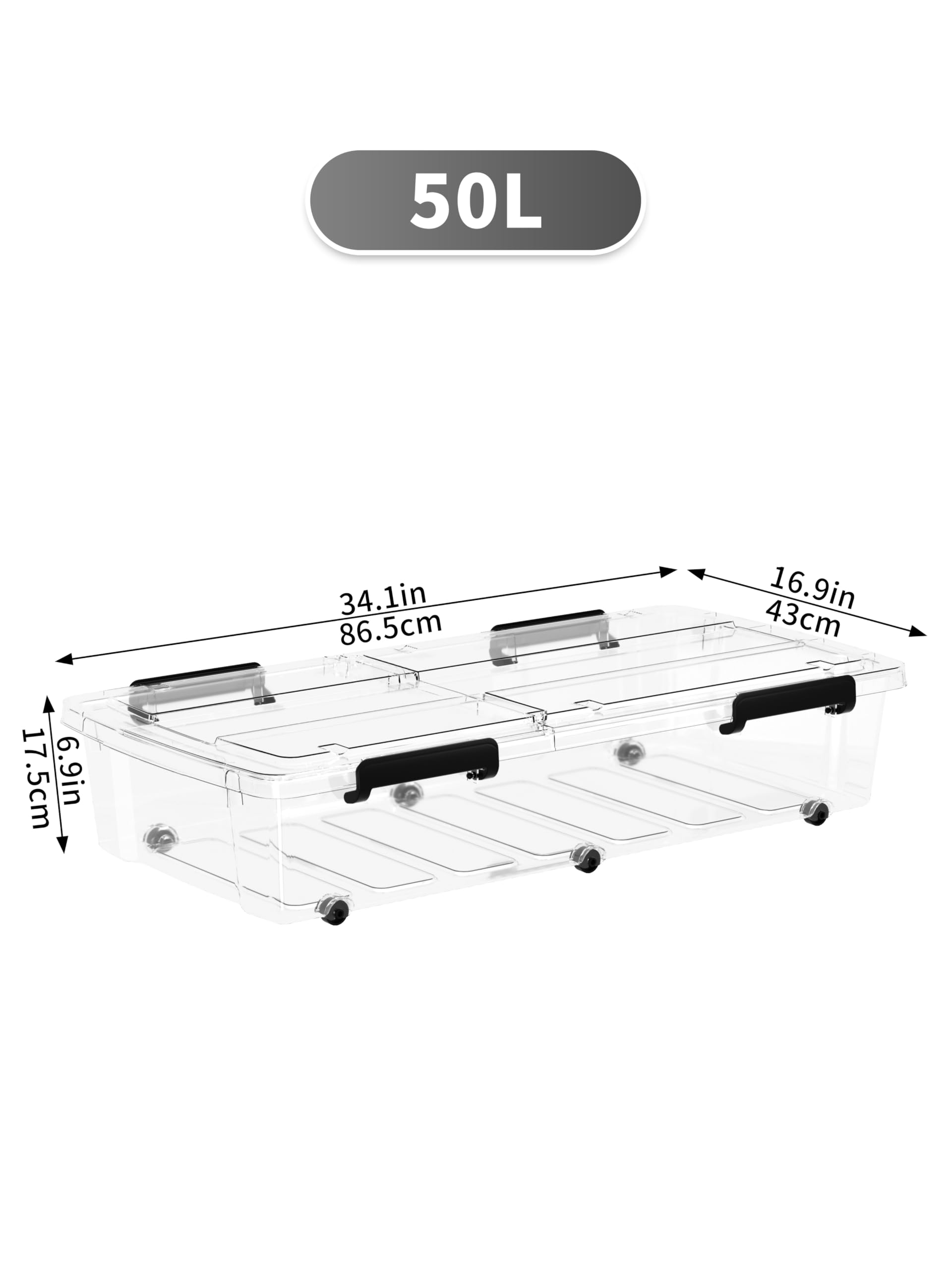 Cetomo 50L*4 Storage Boxes with Wheels, Under Bed Storage Container with Dual-Opening Lids, Durable Flat Organizing Box for Bedroom, Home, BPA-free
