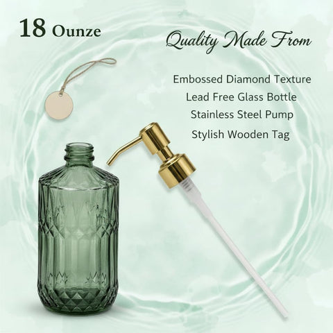 Gem Patterned Glass Soap Dispenser Bottle with Pump, 18Oz Refillable Liquid Hand Jar Dispenser for Bathroom, Countertop, Kitchen, Laundry Room (Green)