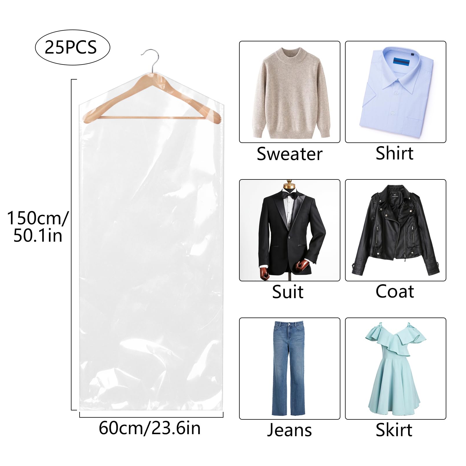 25 Pack Plastic Clothes Covers Protector Bags 59× 23.6 inches Clear Garment Bags Dry Cleaning Bags
