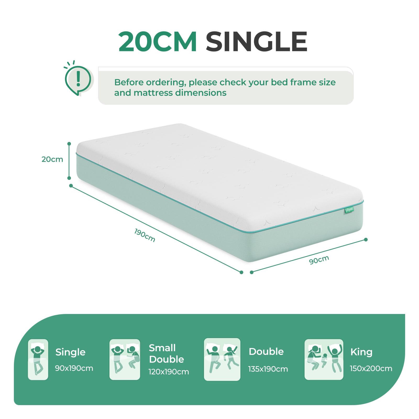 Uliyati Single Mattress Gel Memory Foam Mattress Medium 90x190x20CM