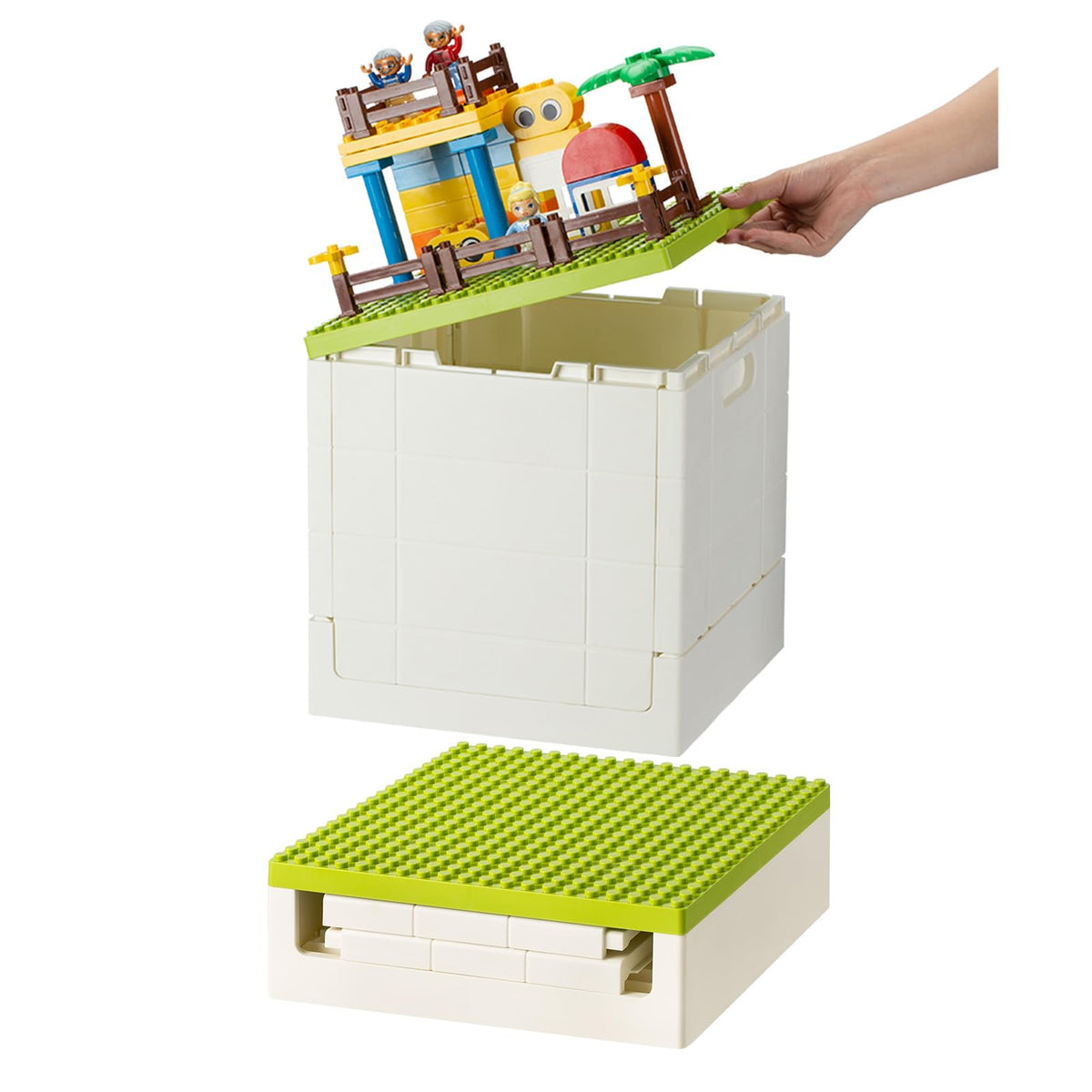 SHIMOYAMA Collapsible Storage Box with Baseplate Lid for Duplo, 25L Stackable Bin with Separate Building Board for Lego
