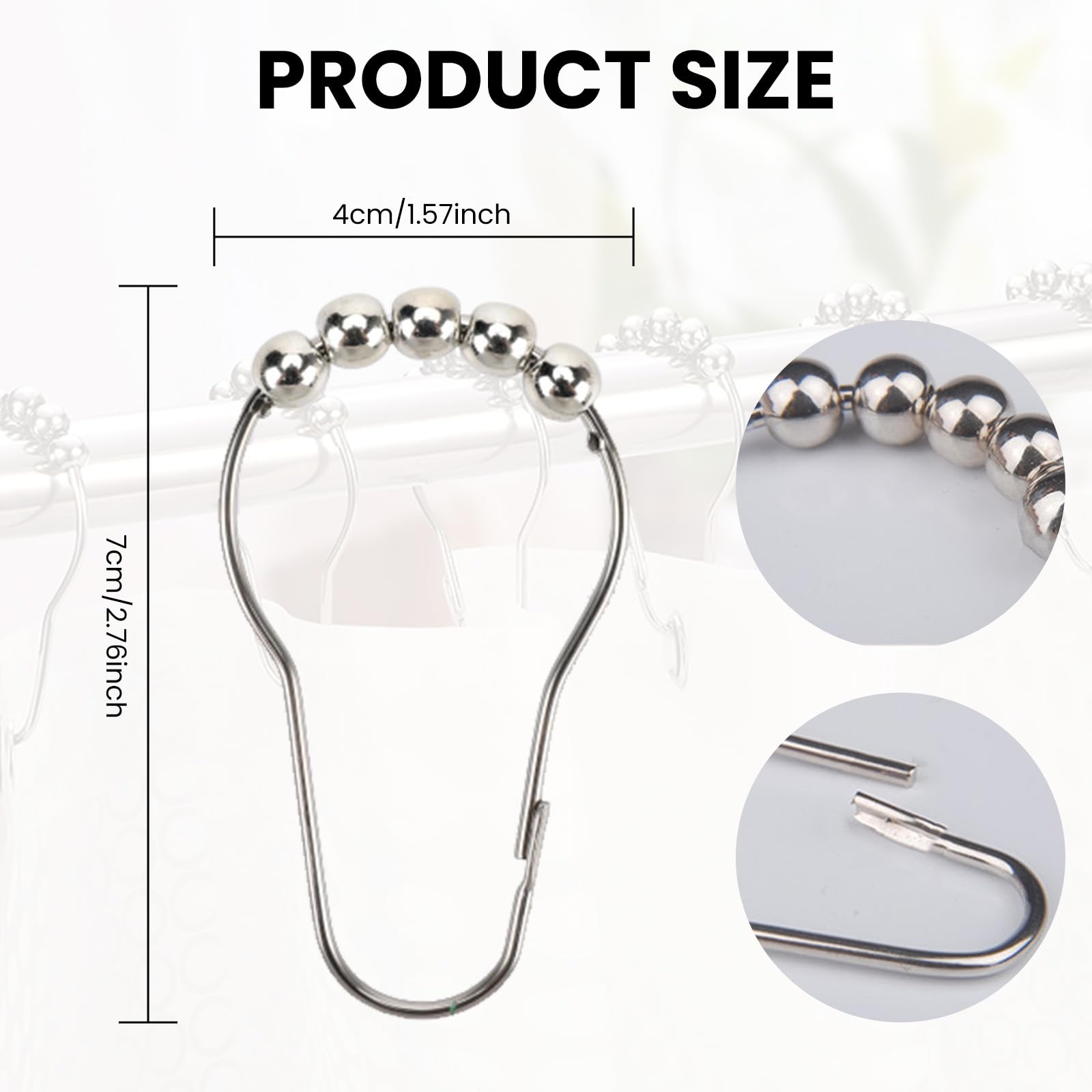 12 PCS Shower Curtain Hooks, Silver Stainless Steel Shower Curtains Rings with Roller Balls, Rust-Resistant, Heavy-Duty Closure