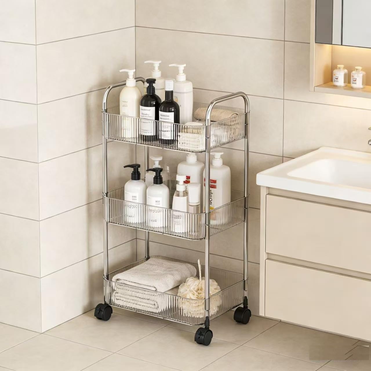 Multibao 2/3/4 Tier Storage Trolley on Wheels - Acrylic Shelf Cart for Bathroom, Spa, Salon Beauty (3 Tier 40 * 28.5 * 69.7cm)