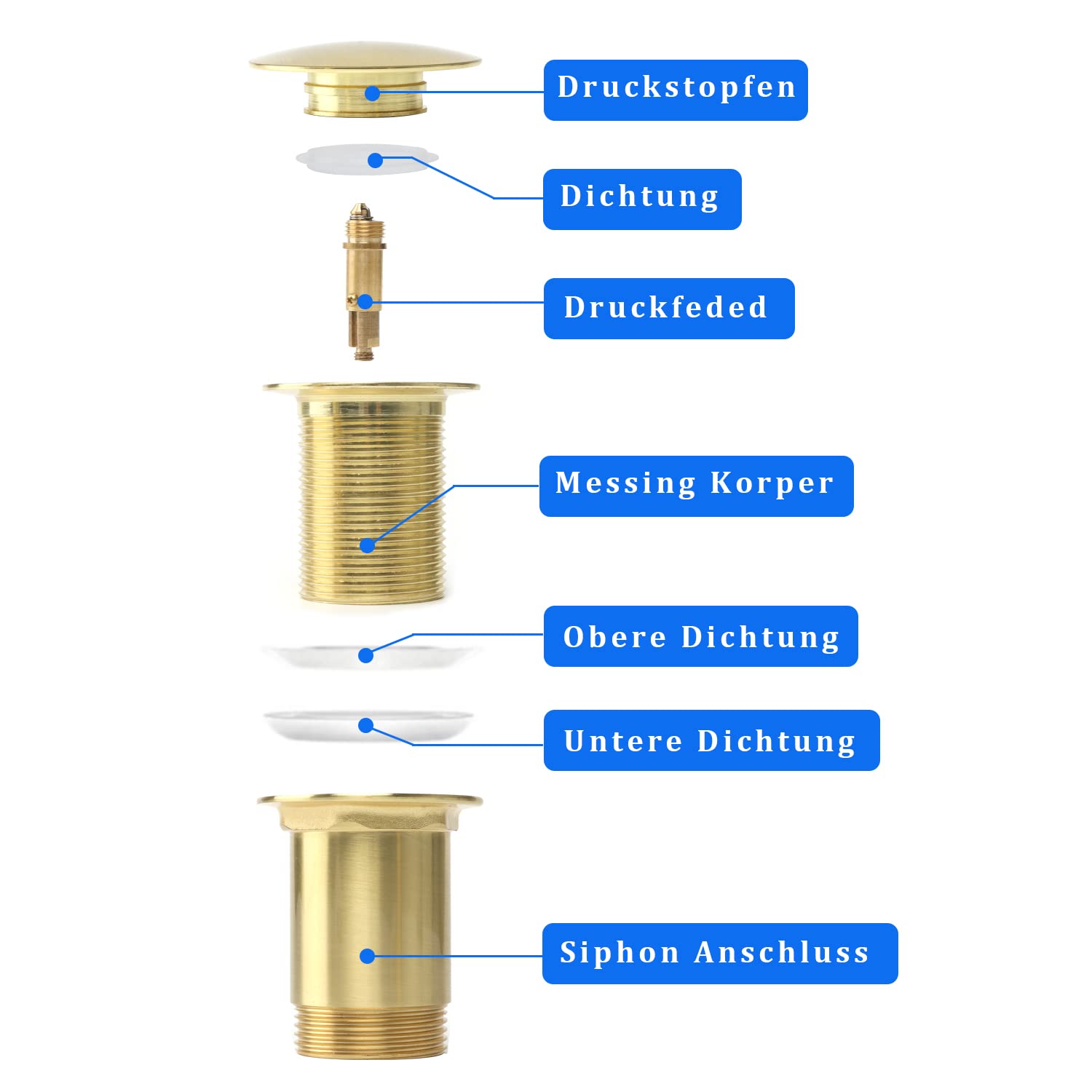 Universal drain fitting without overflow, pop-up drain plug made of solid brass for sink and washbasin, tool-free installation
