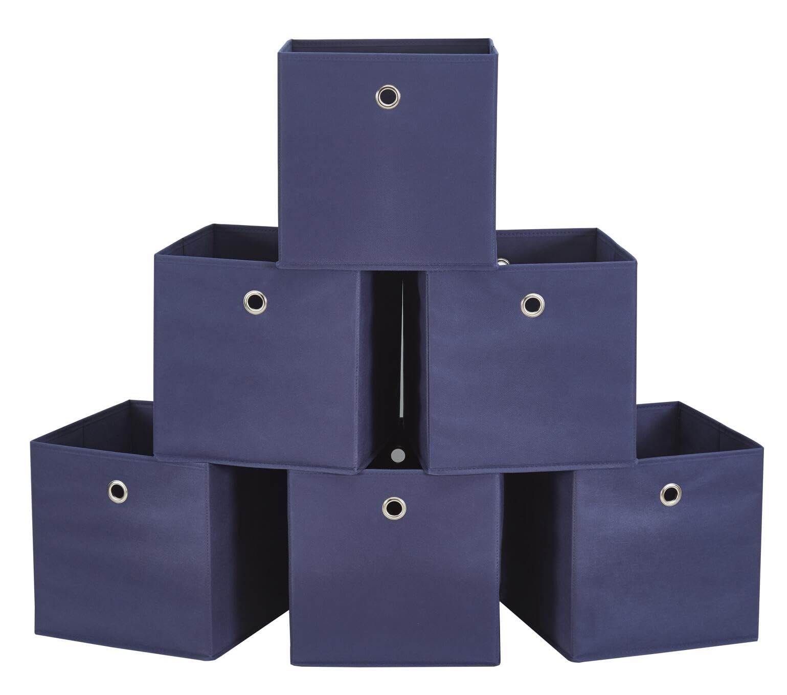 Webeasy Square Navy Canvas Fabric Storage Box, Pack of 6 Eyelet Cube Foldable Open Bins for Home Office Nursery Organisation,28X28X28(CM)