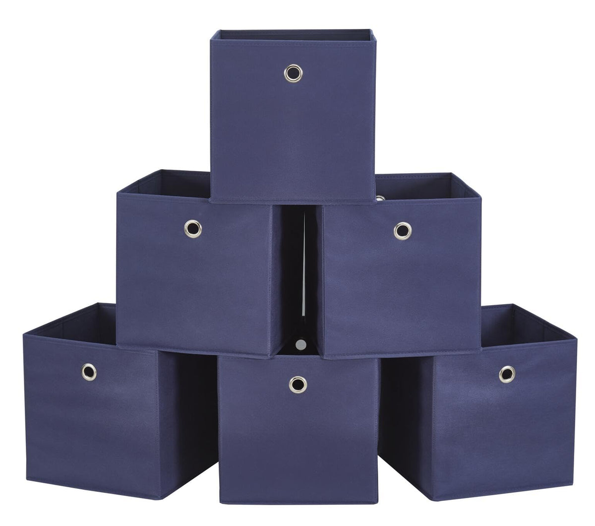 Webeasy Square Navy Canvas Fabric Storage Box, Pack of 6 Eyelet Cube Foldable Open Bins for Home Office Nursery Organisation,28X28X28(CM)